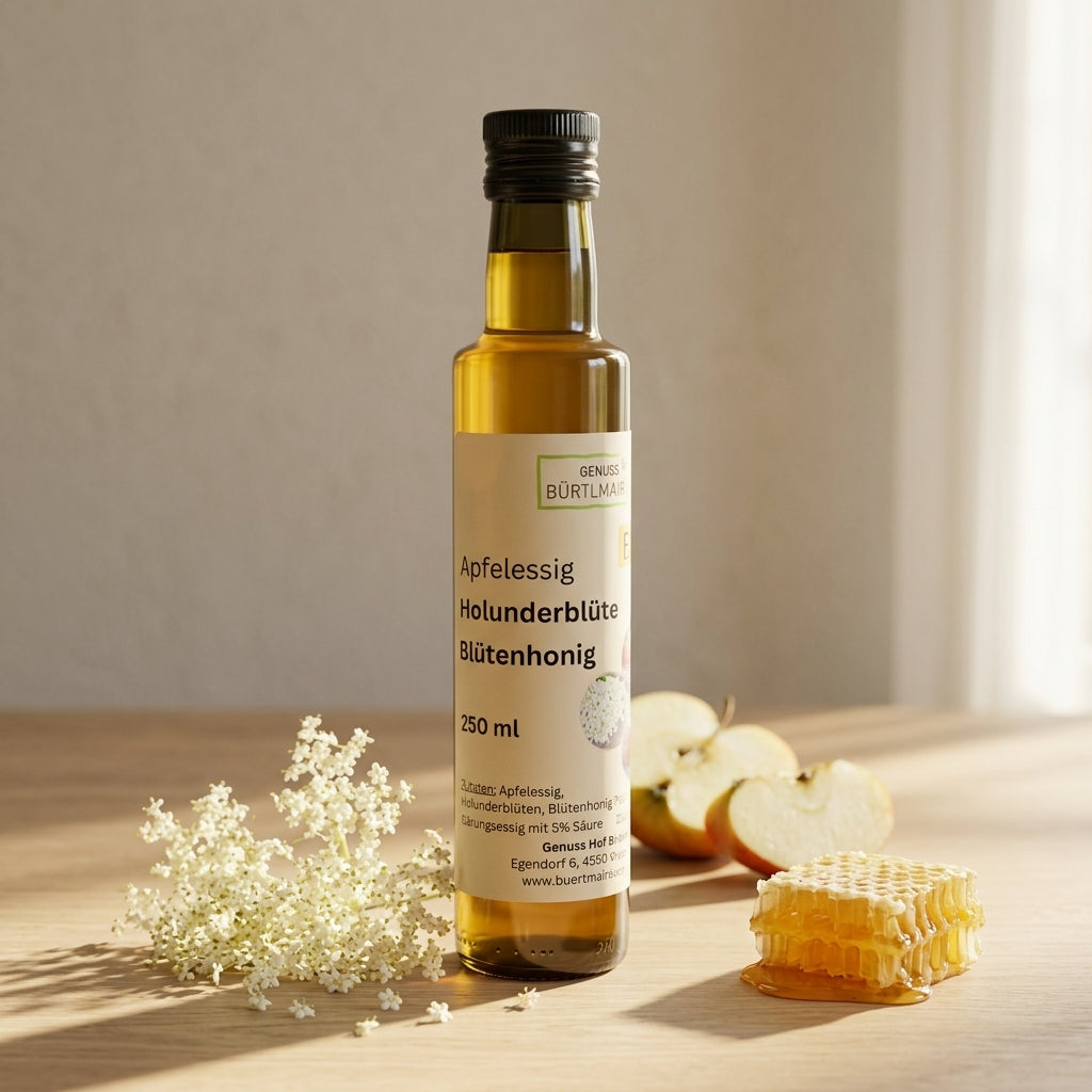 Apfelessig mit Holunderblüte und Blütenhonig
